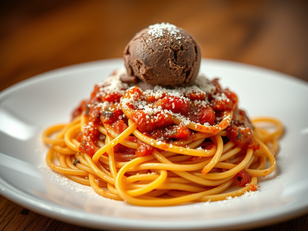 Tomaten-Spaghetti mit Eiscreme